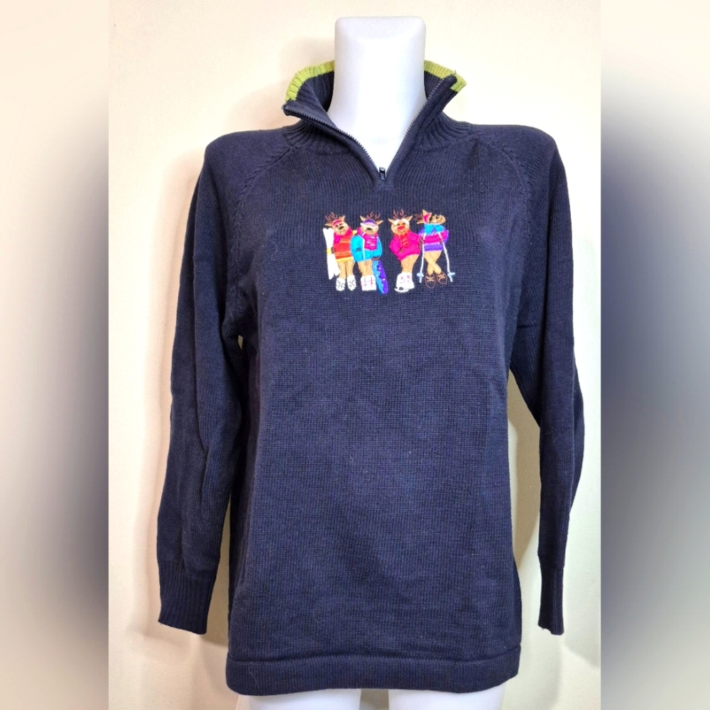 Vintage Winter Sports Reindeer Cotton Sweater Unique Rare Pullover Navy Blue